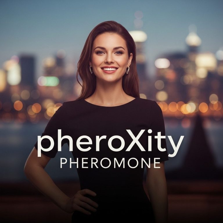 Frau in schwarzem Kleid mit Stadtbild im Hintergrund, lächelt selbstbewusst und macht Werbung für pheroXity Pheromone